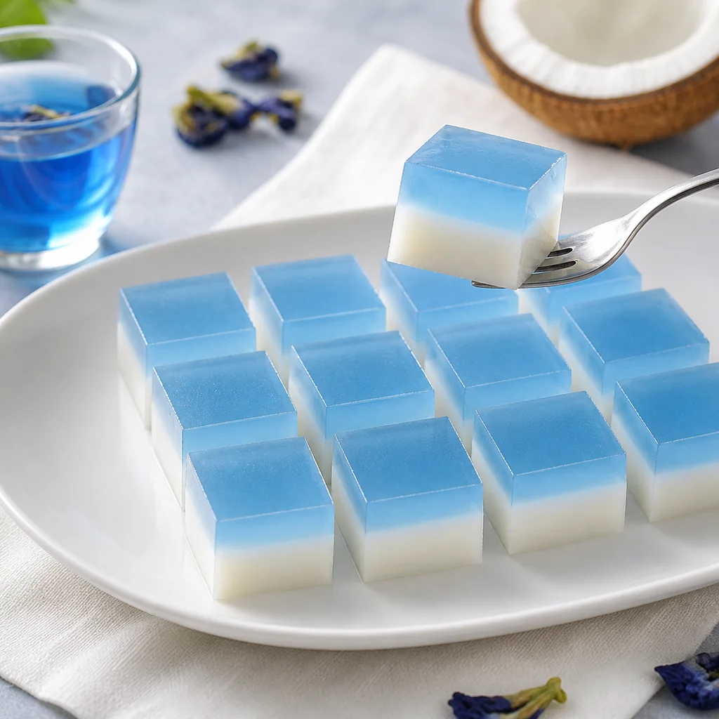 A fork lifting one blue and white coconut jelly cube to show its clean two-layer texture.