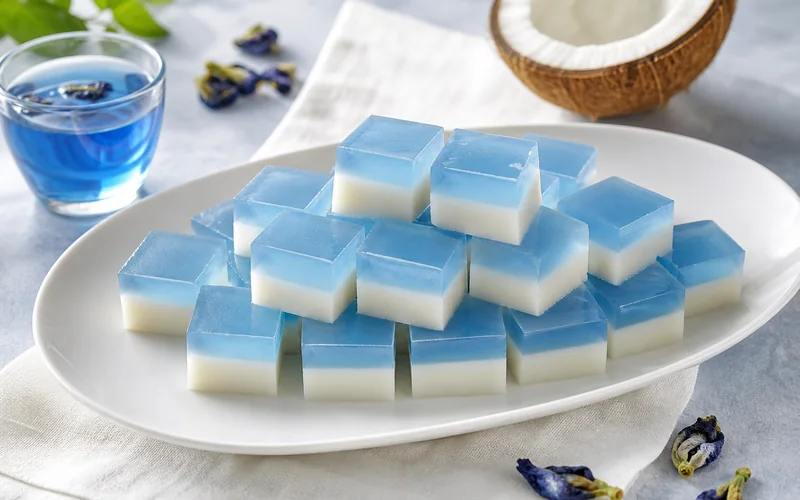 Two-layer blue coconut jelly cubes made with butterfly pea tea and coconut milk.