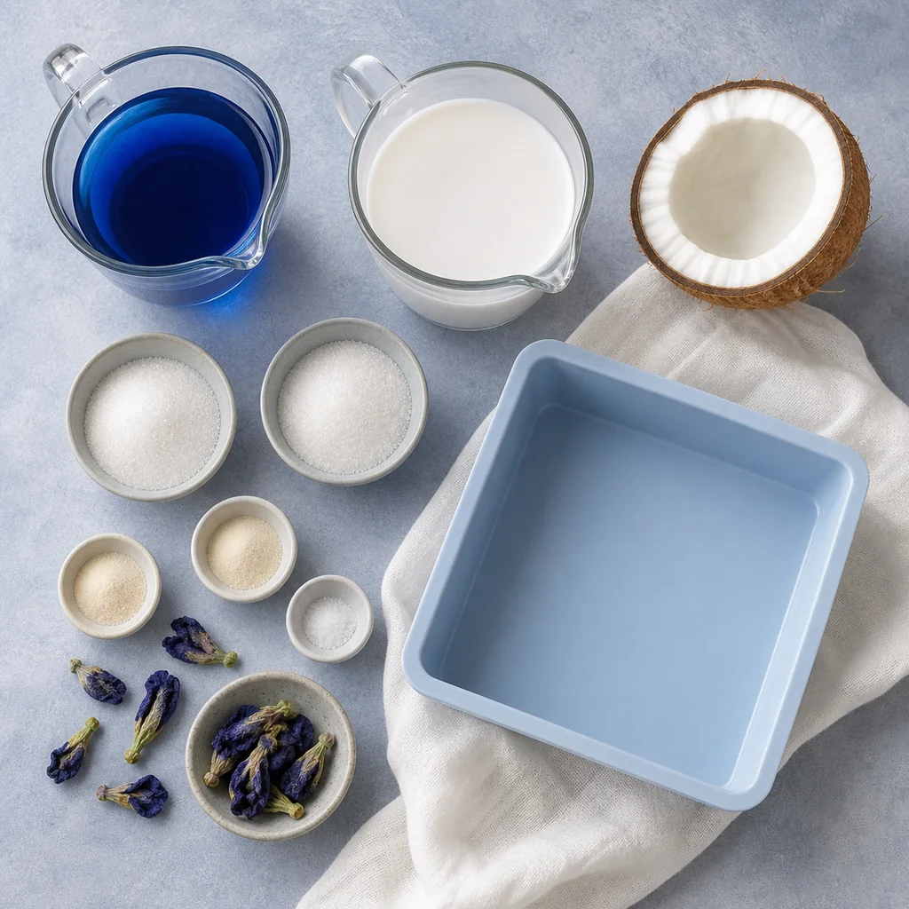 Measured ingredients for butterfly pea and coconut agar jelly in a seven-inch square pan.