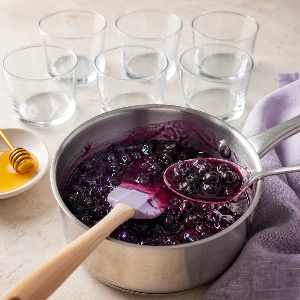 Glossy blueberry compote simmering beside six empty dessert glasses.