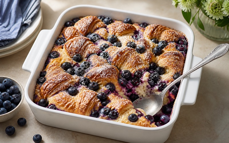 Blueberry croissant bread pudding with golden croissants and fresh blueberries