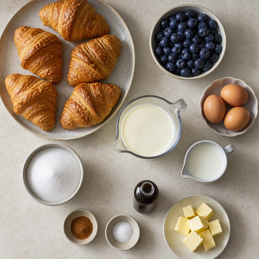 Ingredients for blueberry croissant bread pudding arranged on a counter