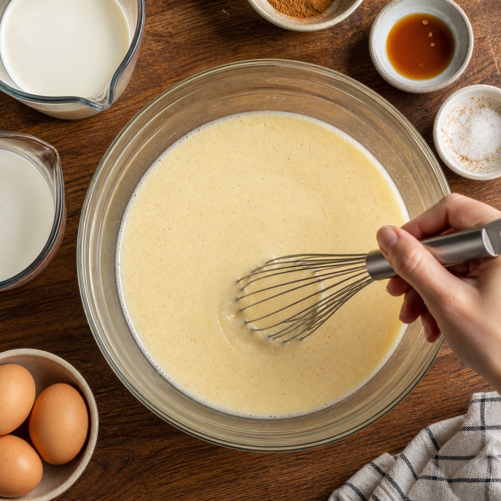 Eggs cream milk sugar vanilla cinnamon and salt whisked into custard