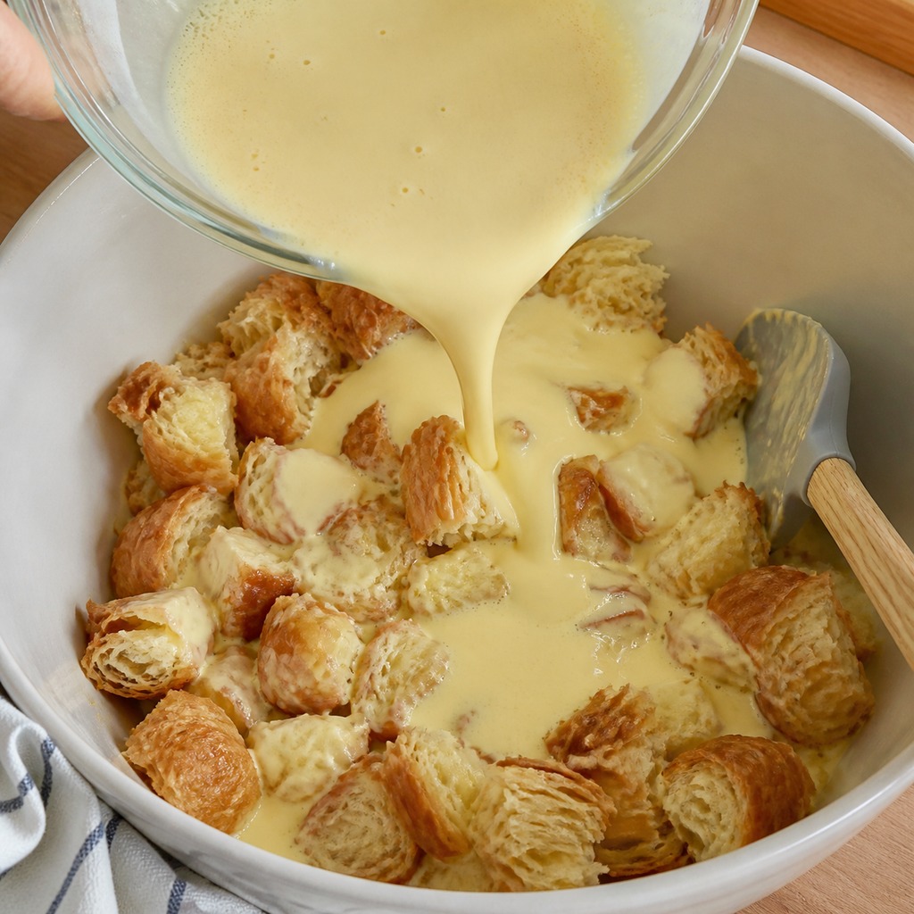 Vanilla custard poured over croissant pieces