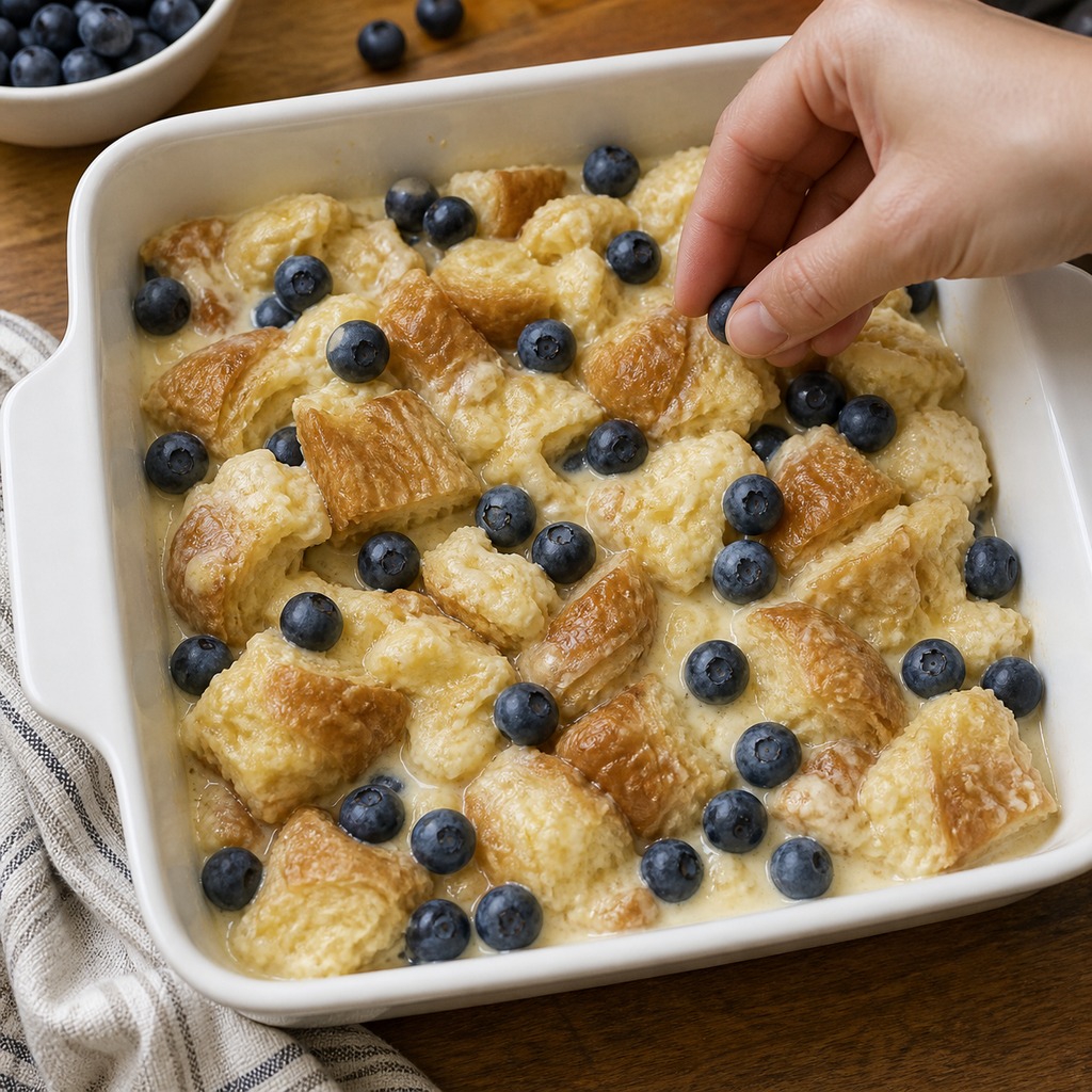 Fresh blueberries added to custard-soaked croissants in a baking dish