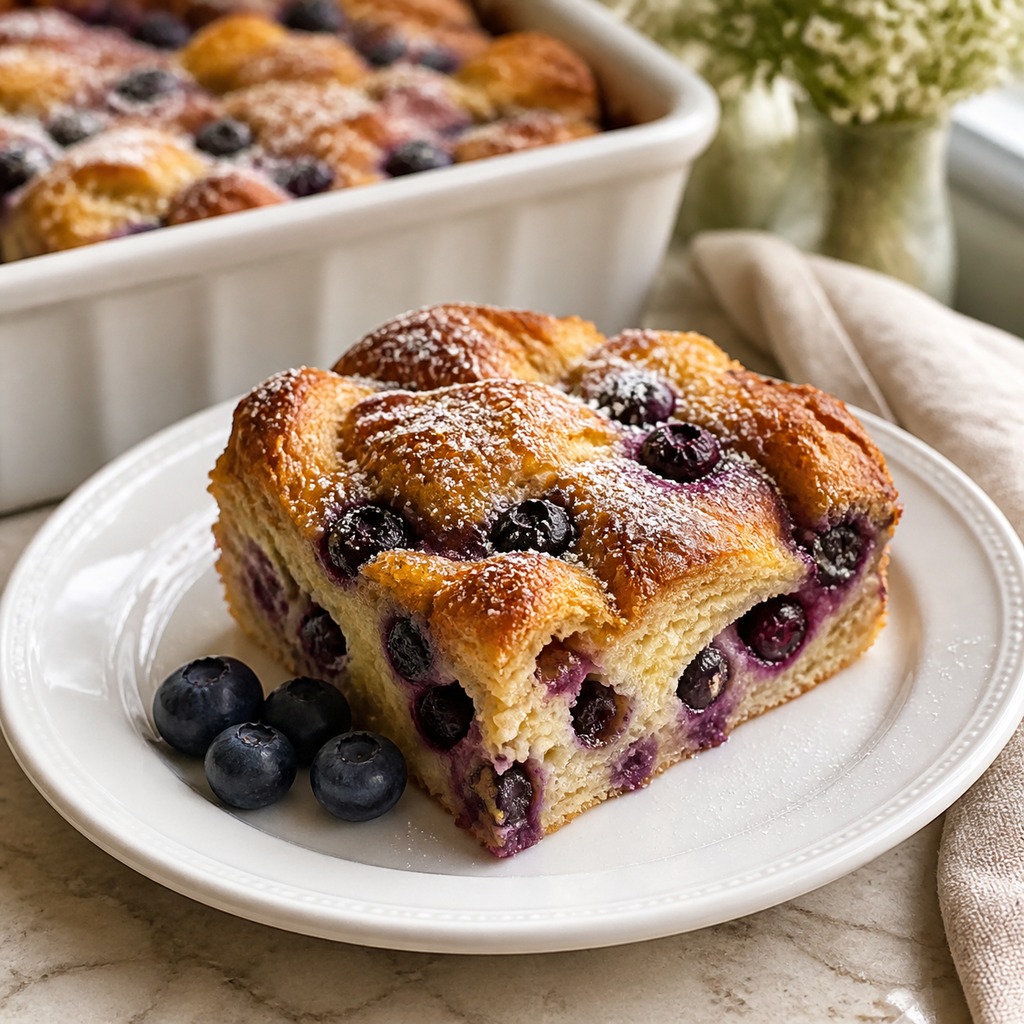 A serving of baked blueberry croissant bread pudding on a white plate