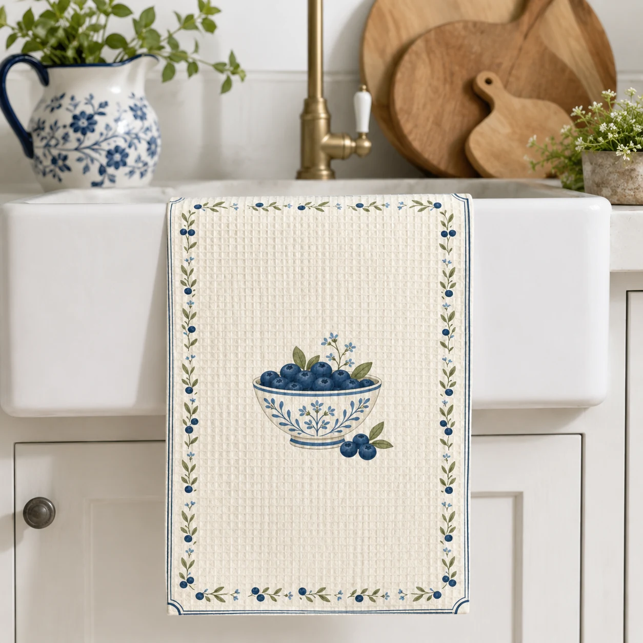 Blueberry Morning Tea Towel styled in a cottage kitchen, scene 1