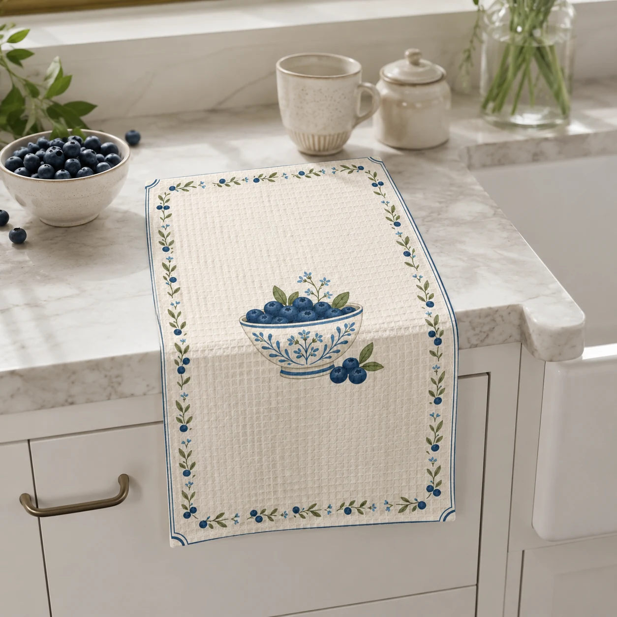 Blueberry Morning Tea Towel styled in a cottage kitchen, scene 2
