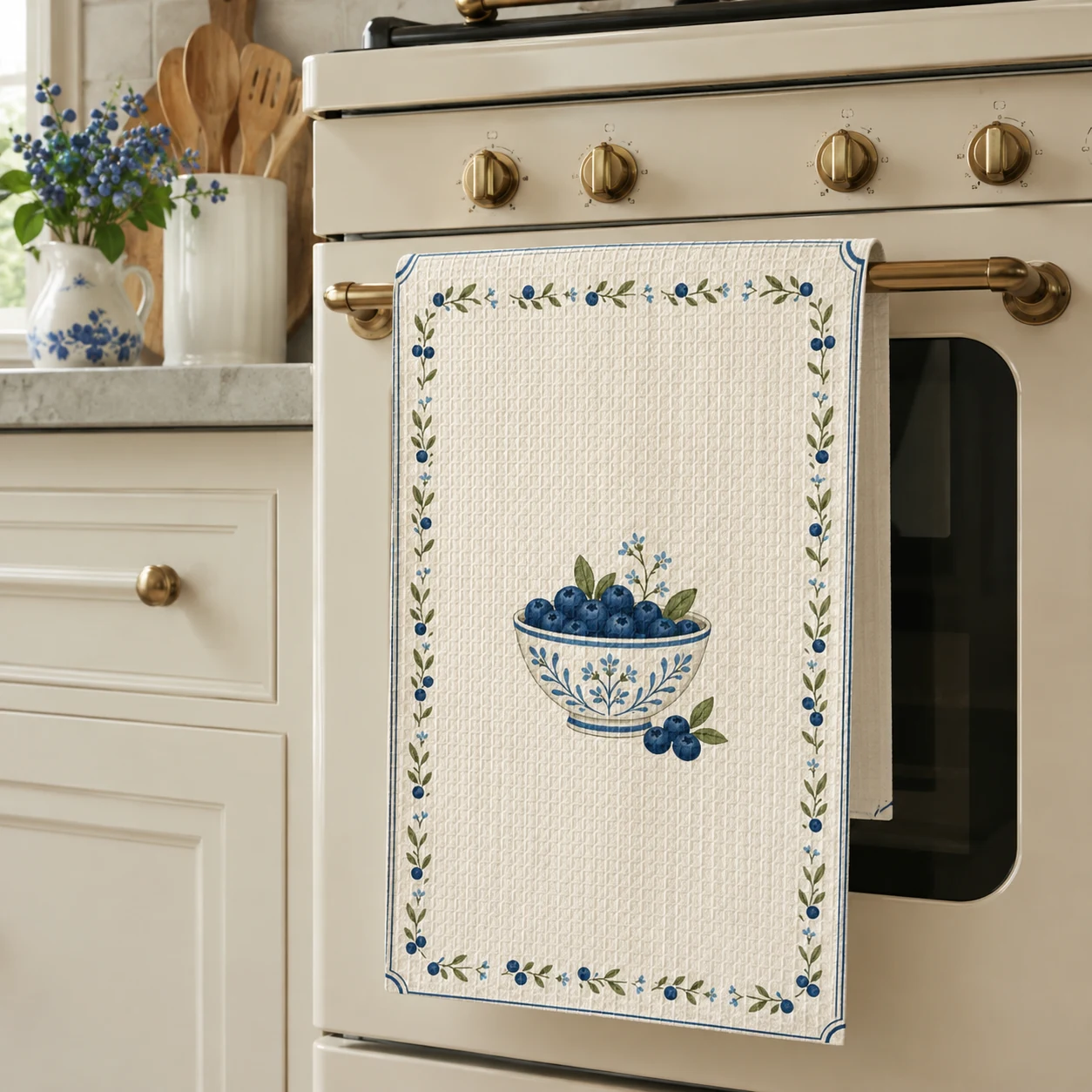 Blueberry Morning Tea Towel styled in a cottage kitchen, scene 3