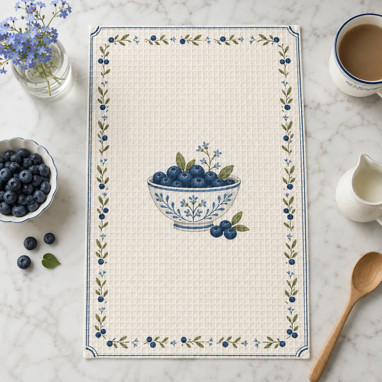 Blueberry Morning Tea Towel styled in a cottage kitchen, scene 4