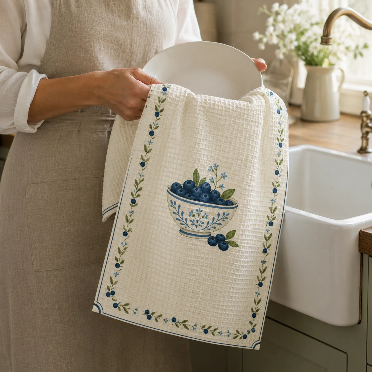 Blueberry Morning Tea Towel styled in a cottage kitchen, scene 5