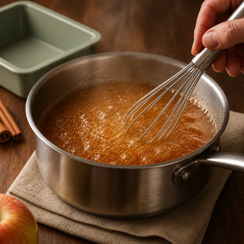 Apple cider and agar mixture at a full rolling boil in a stainless-steel saucepan.