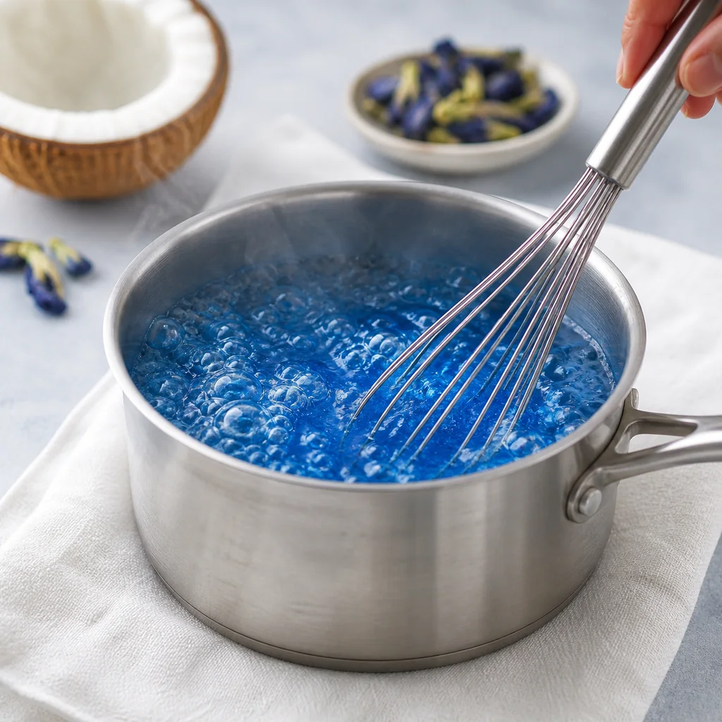Blue butterfly pea tea and agar mixture at a full rolling boil.