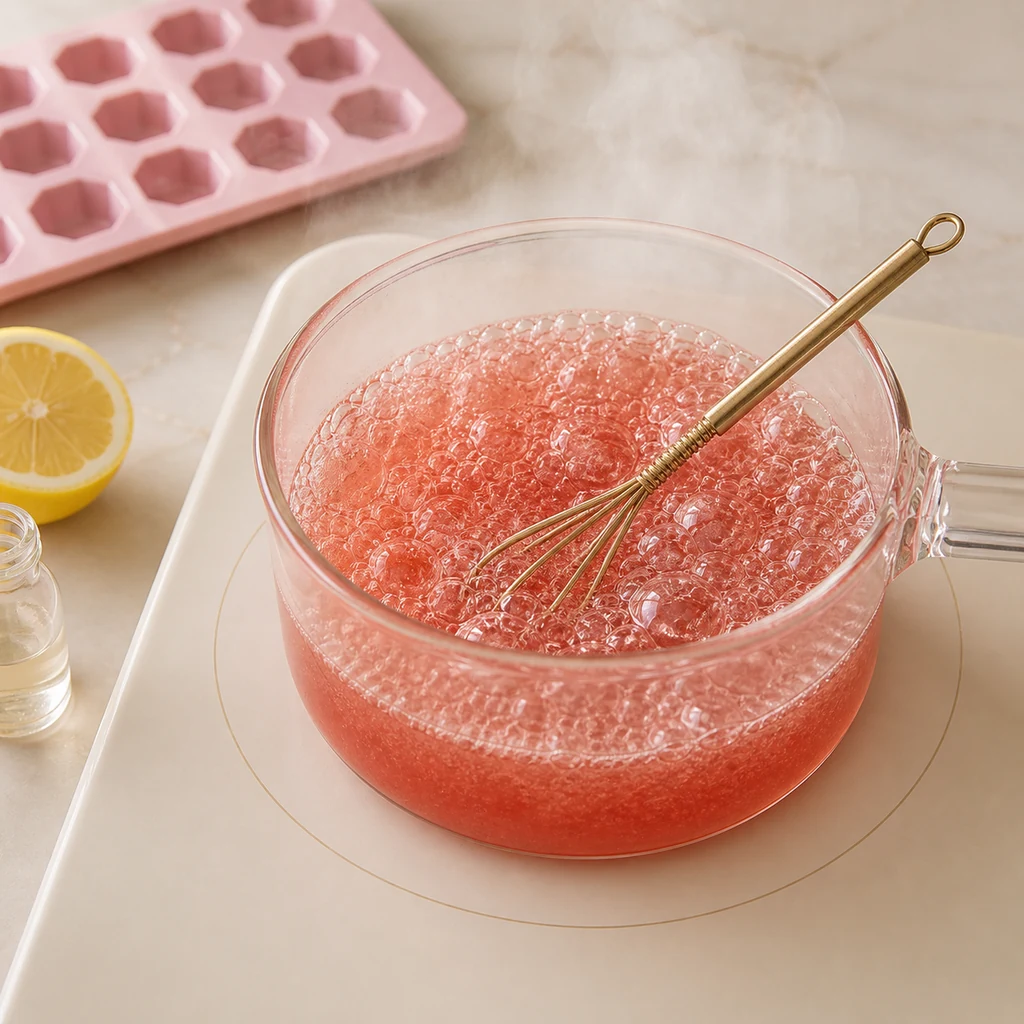 Strawberry agar mixture at a full boil