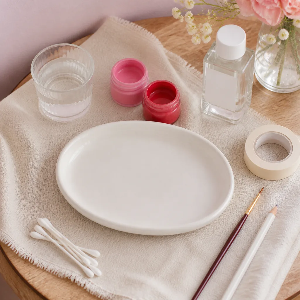 Materials for painting a ceramic bow trinket dish, including ceramic paint, fine brush, tape, cotton swabs, pencil, sealer, and water.