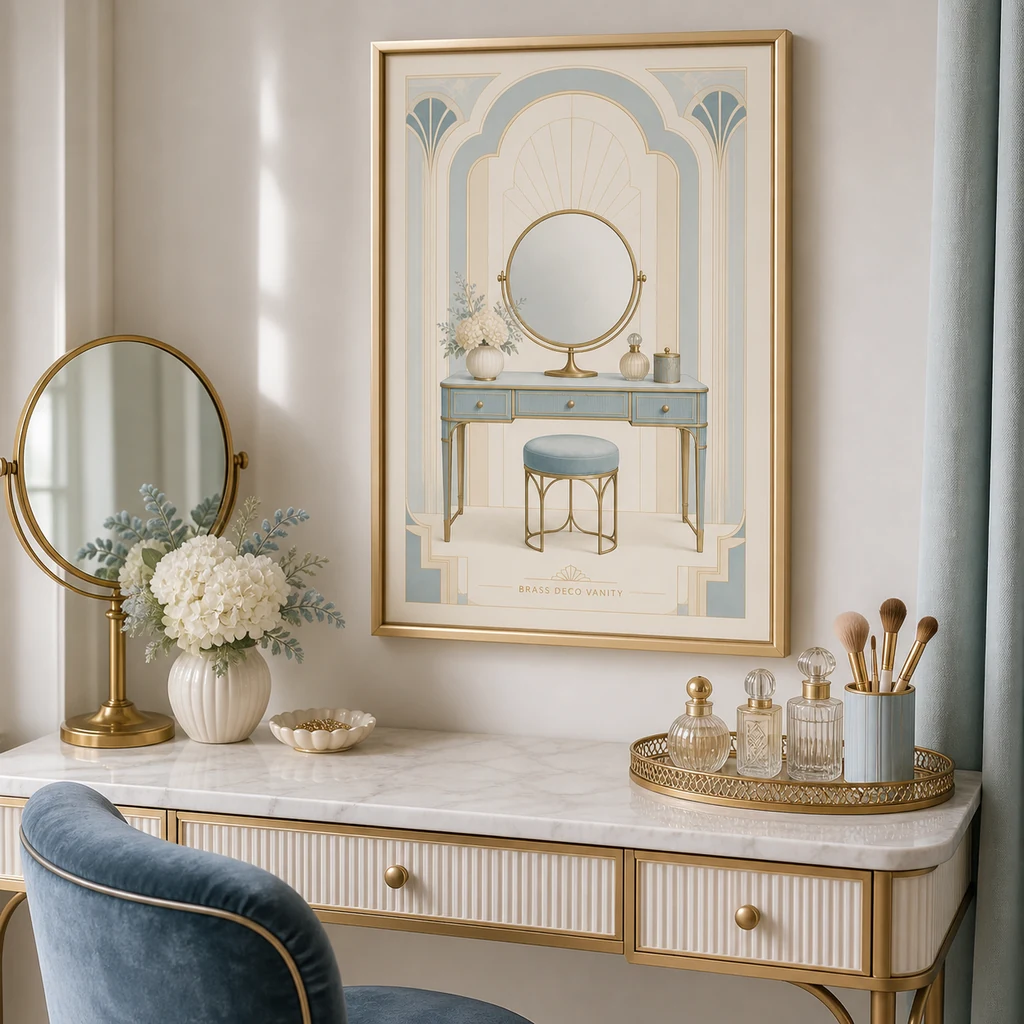 Brass Deco Vanity poster above a marble vanity table