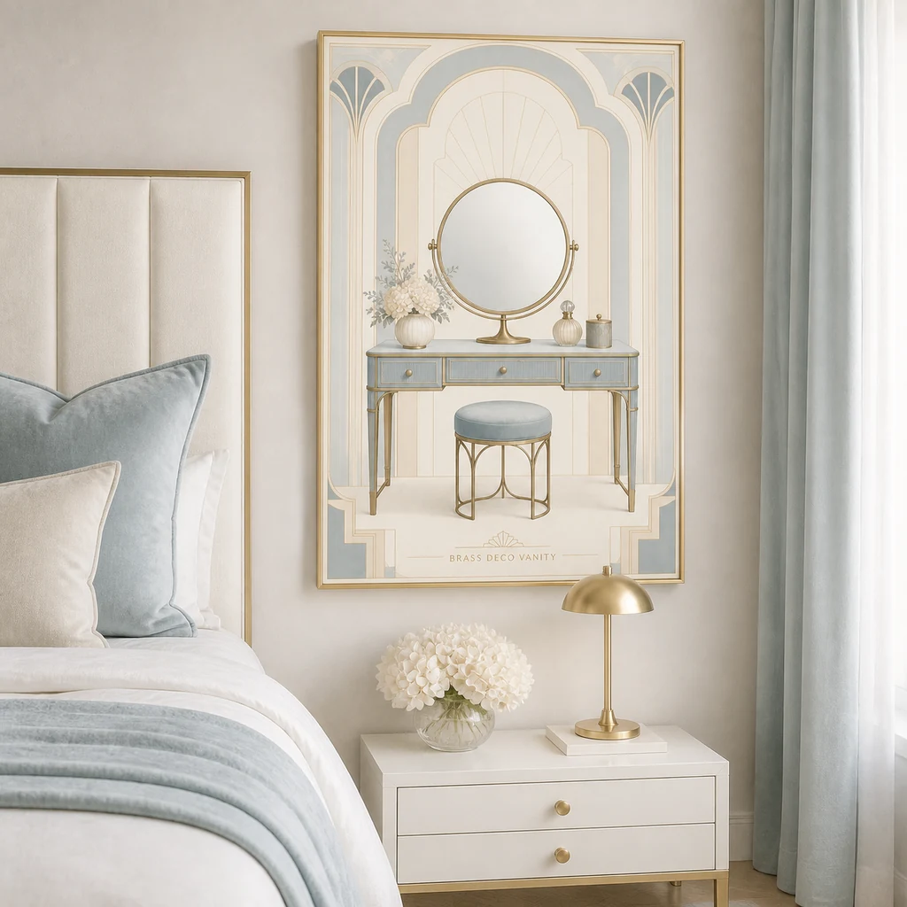 Brass Deco Vanity wall art in a cool blue bedroom
