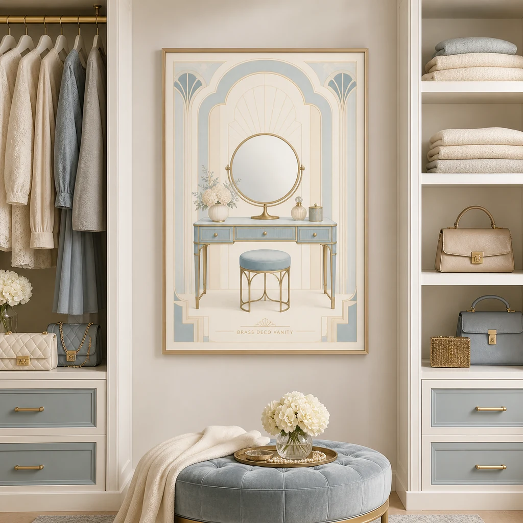 Brass Deco Vanity poster in an organized closet