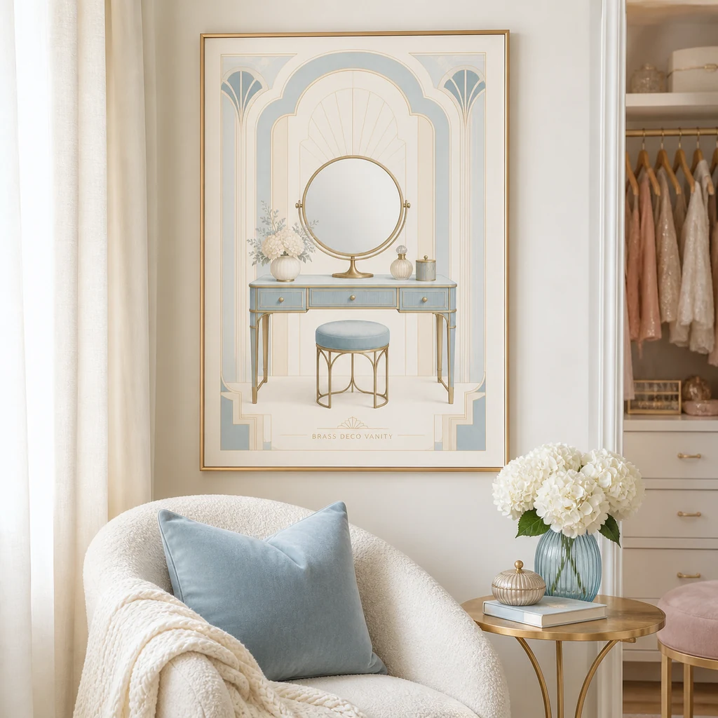 Brass Deco Vanity poster beside a feminine reading chair
