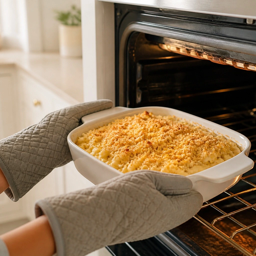 Mac and cheese with breadcrumbs and cheddar being broiled until golden