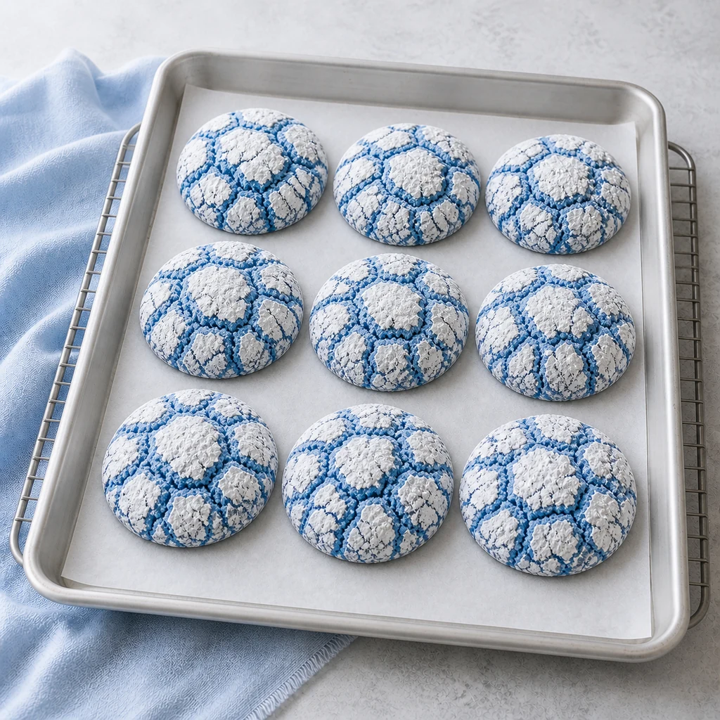 Freshly baked blue crinkle cookies cooling on a sheet pan