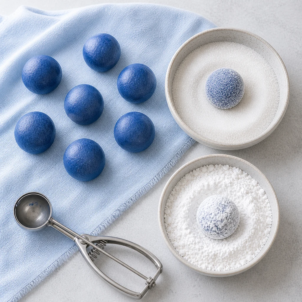 Blue cookie dough balls beside granulated and powdered sugar coatings