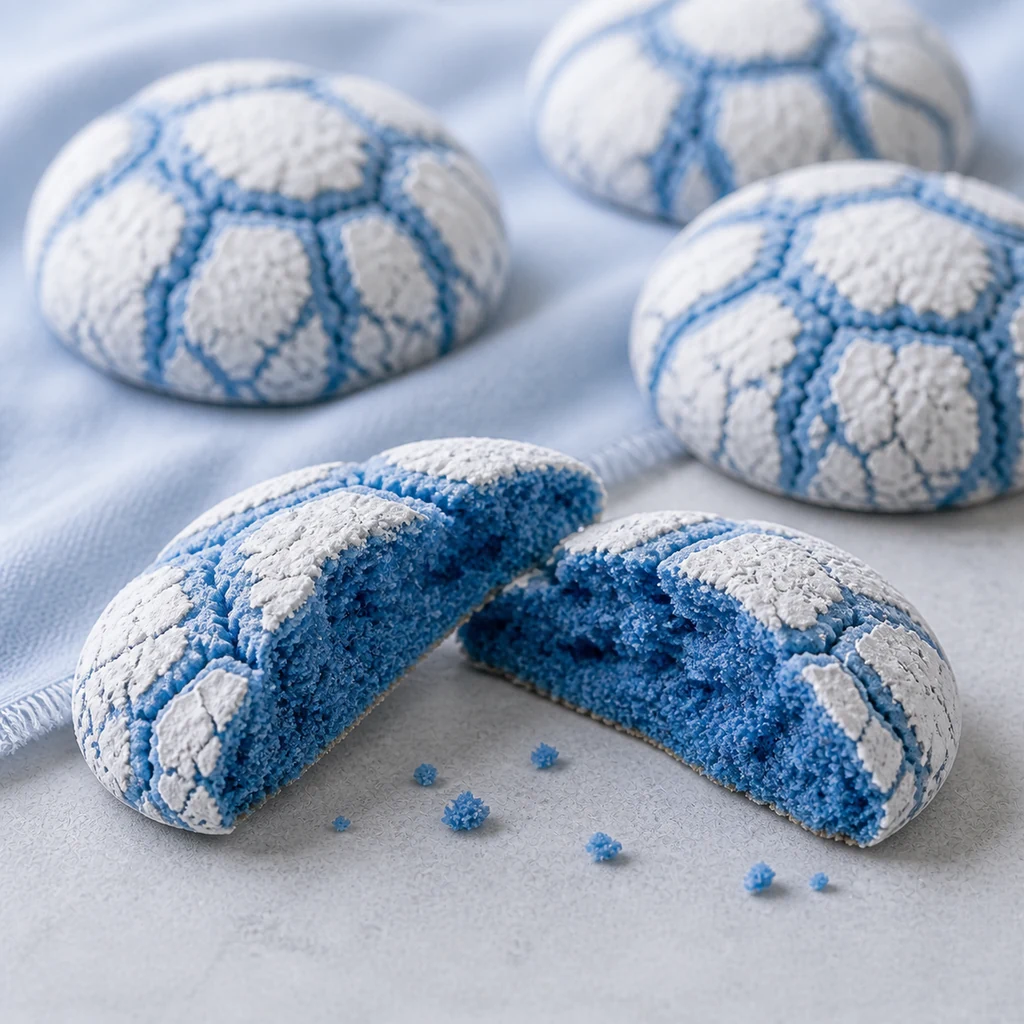 Broken butterfly pea crinkle cookie showing its soft blue crumb
