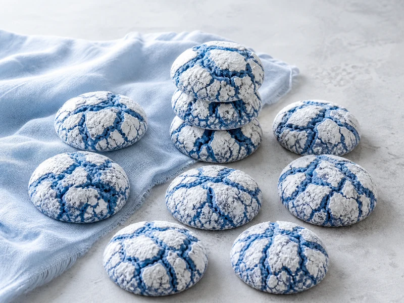 Cool blue butterfly pea crinkle cookies with snowy cracks