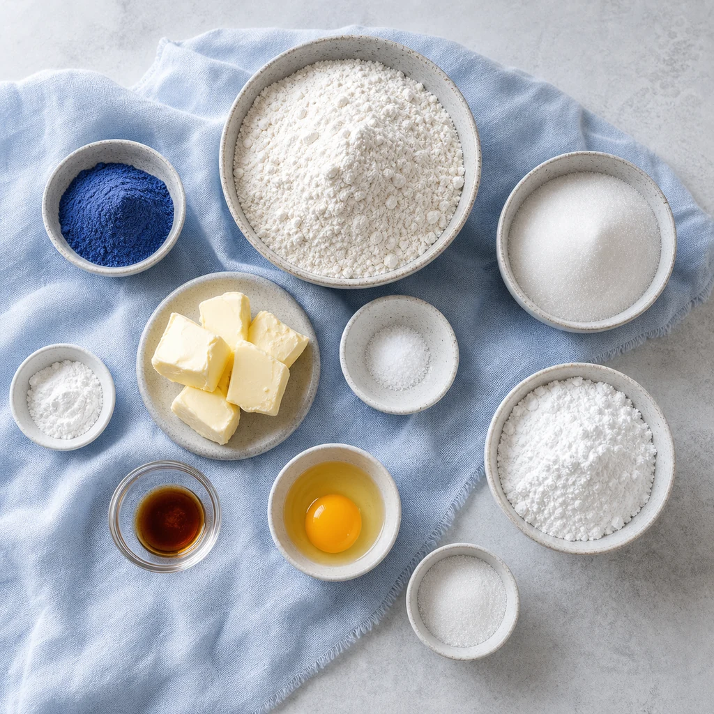 Measured ingredients for butterfly pea crinkle cookies