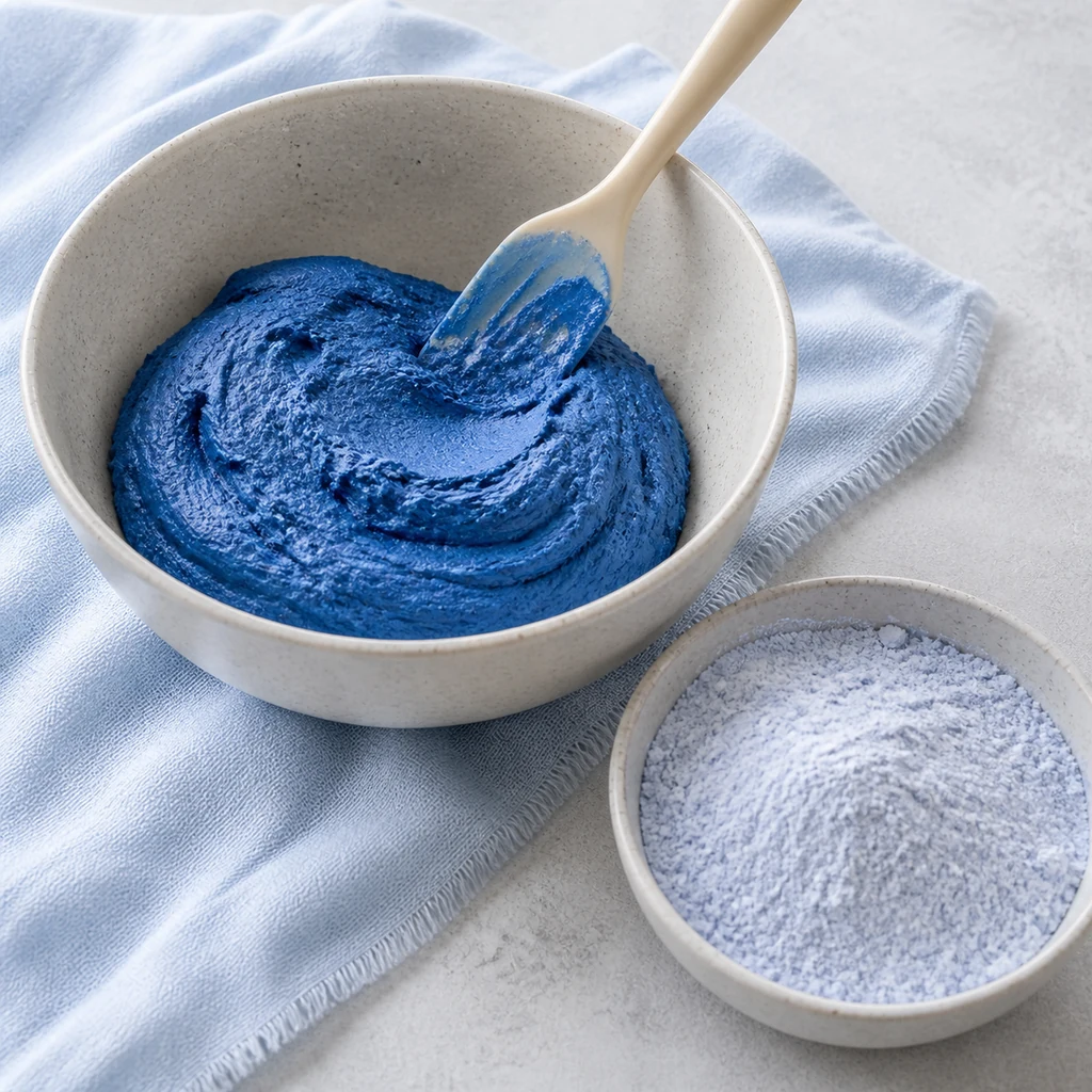 Thick cornflower-blue butterfly pea cookie dough in a mixing bowl