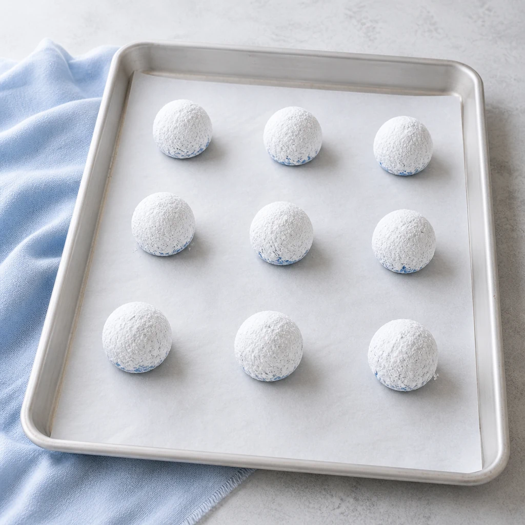 Powdered sugar coated blue cookie dough balls ready for the oven
