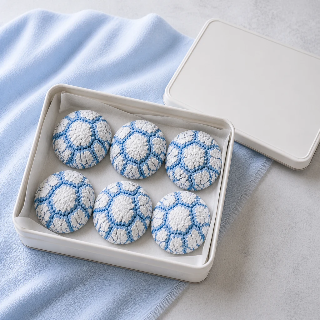 Blue crinkle cookies stored in a parchment-lined airtight tin