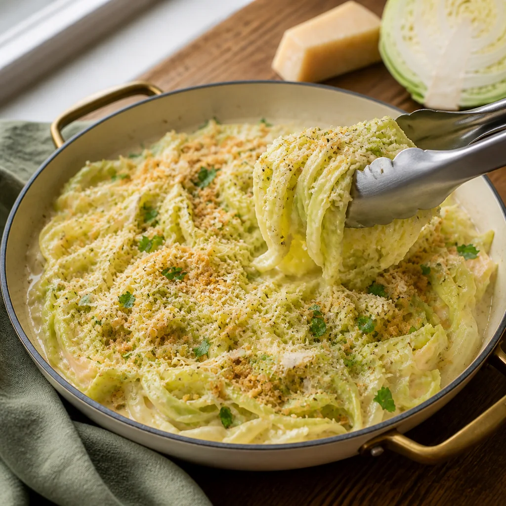 Tongs lifting creamy cabbage Alfredo topped with Parmesan and golden garlic crumbs.