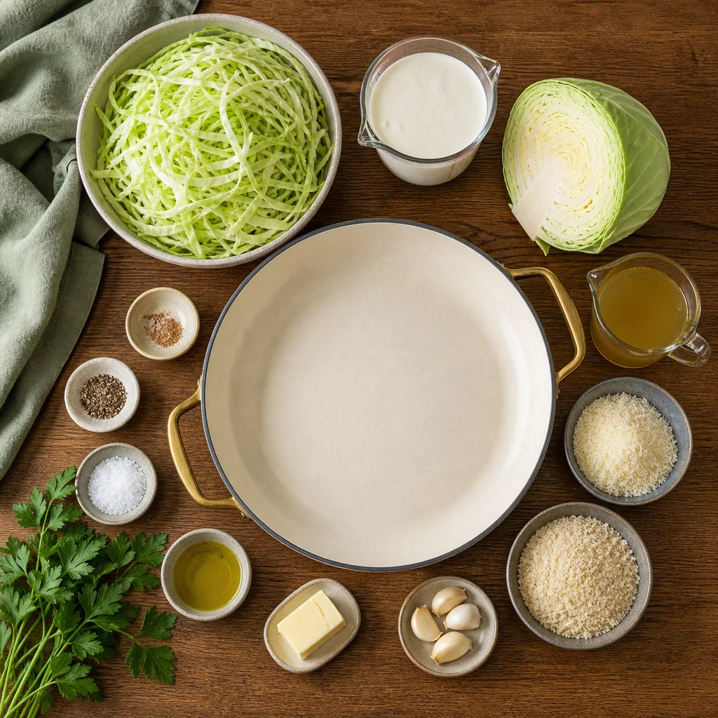 Measured ingredients for one-pan cabbage Alfredo arranged around a cream enamel skillet.