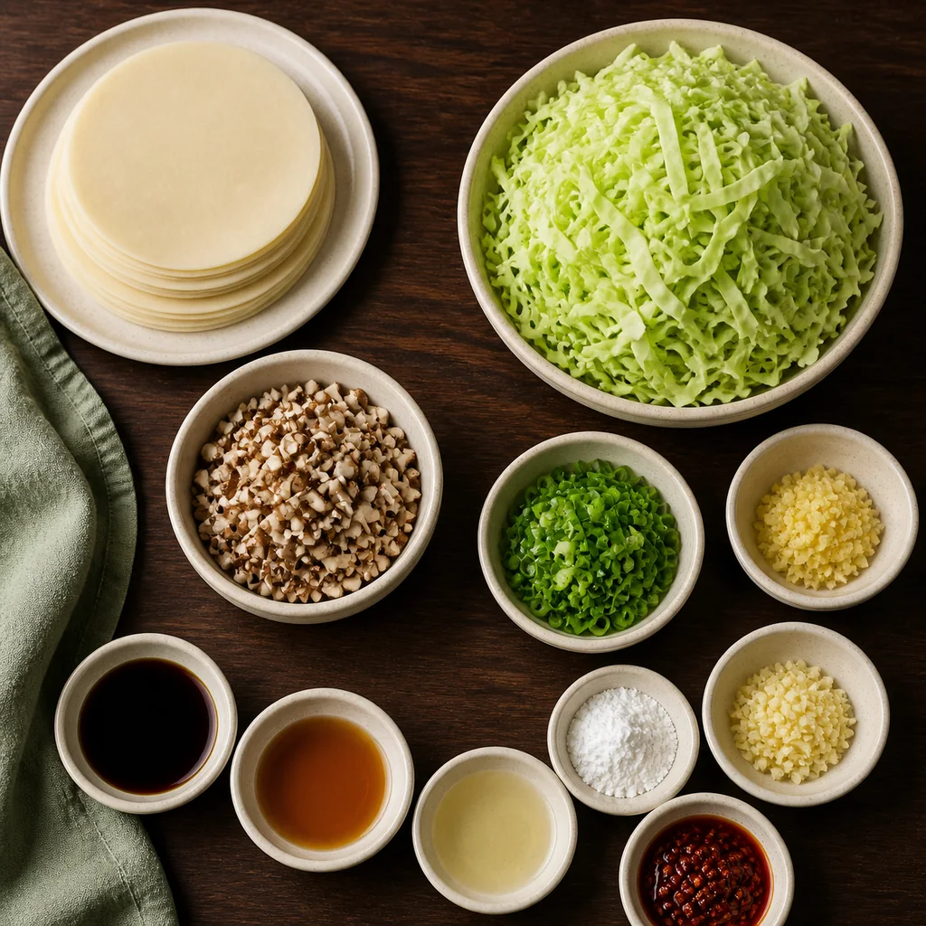 Measured ingredients for cabbage dumplings including wrappers, green cabbage, shiitakes, aromatics, and chili crisp.