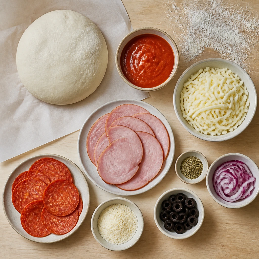Ingredients for Canadian bacon and pepperoni pizza arranged on a pale wood counter