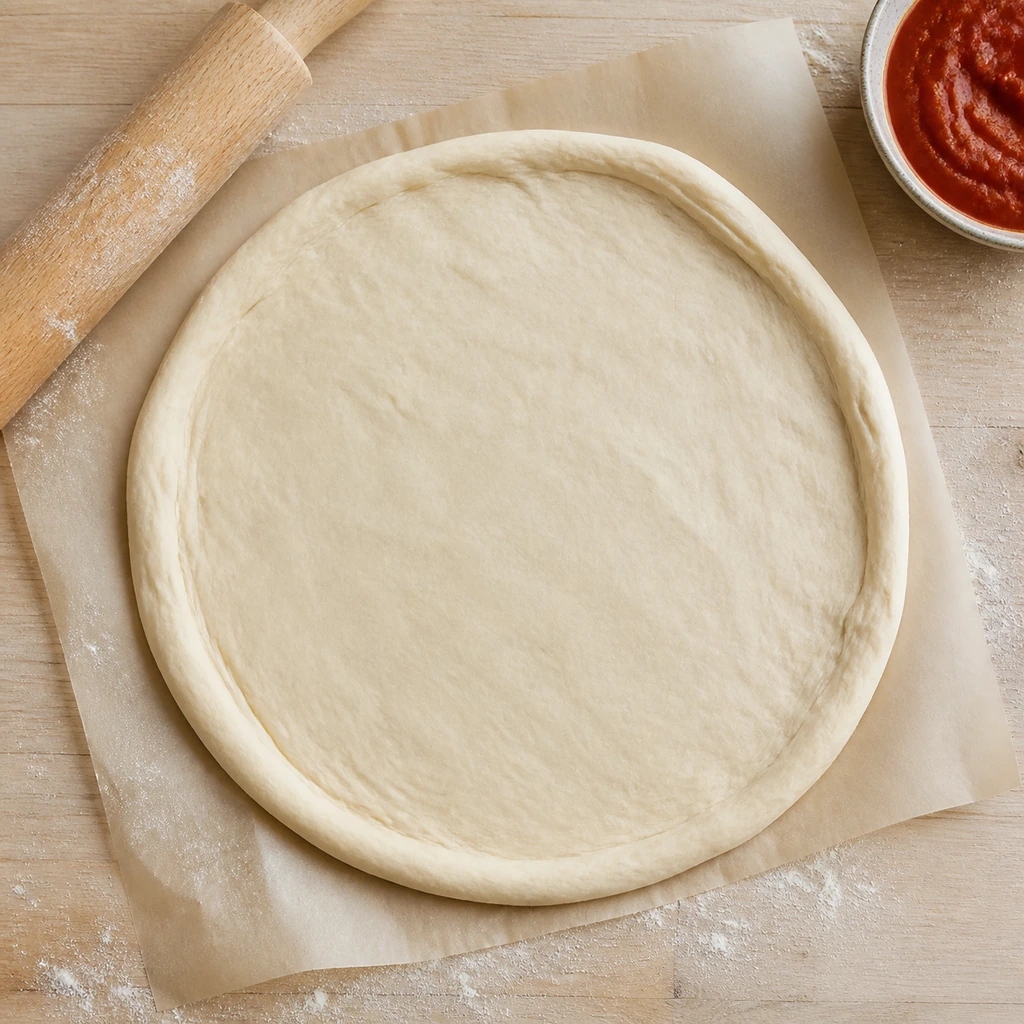 Pizza dough rolled into a round on parchment paper