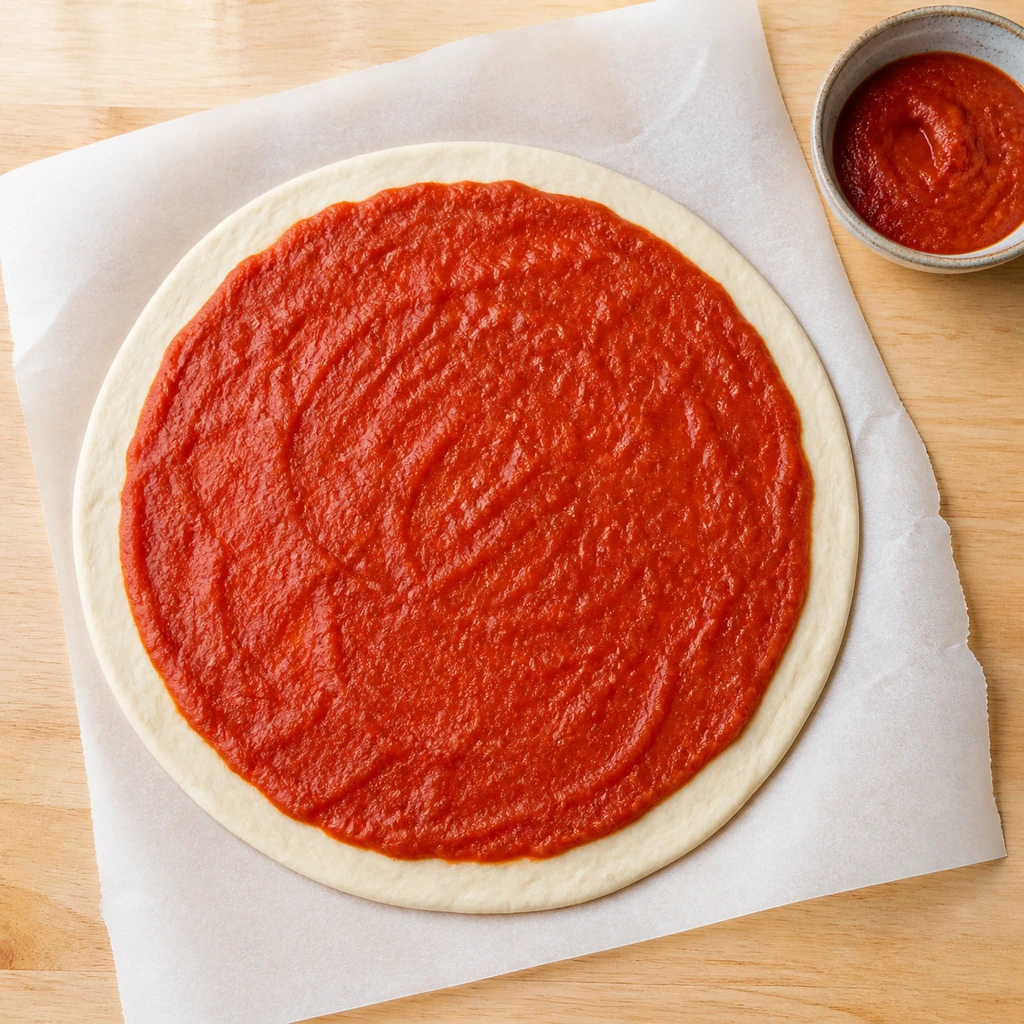 Pizza sauce spread evenly over pizza dough with a clean crust border