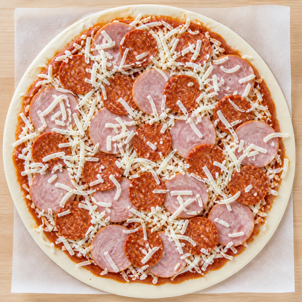 Canadian bacon and pepperoni arranged over cheese on an unbaked pizza