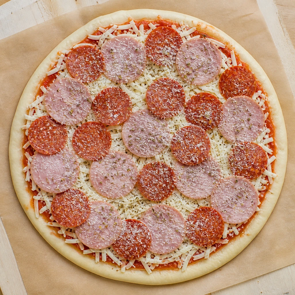 Unbaked Canadian bacon and pepperoni pizza with Parmesan and oregano