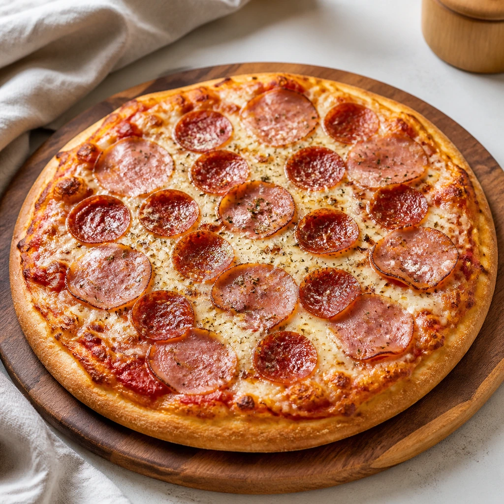 Baked Canadian bacon and pepperoni pizza on a wooden board