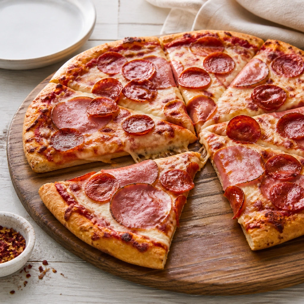 Sliced Canadian bacon and pepperoni pizza ready to serve