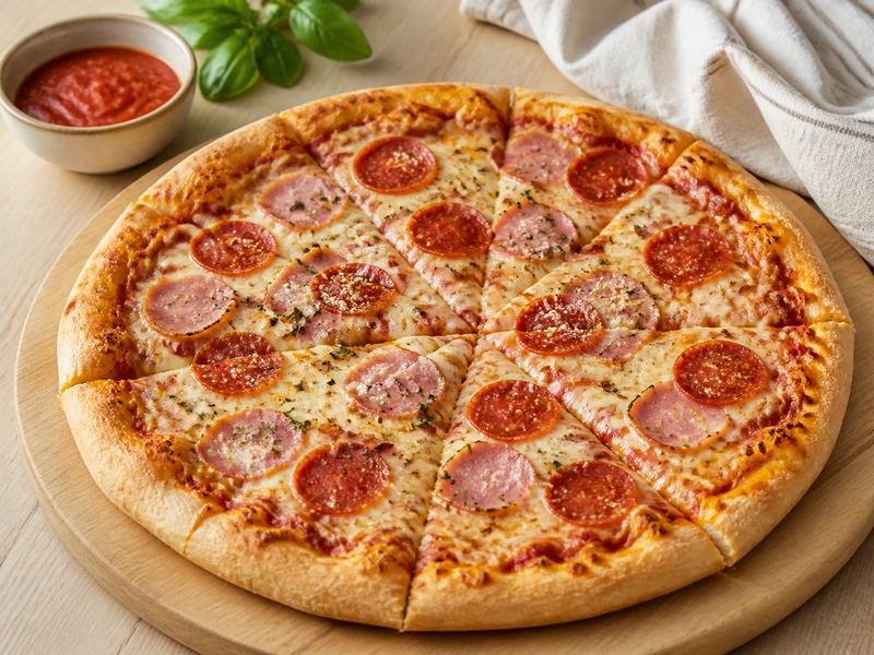 Canadian bacon and pepperoni pizza sliced on a wooden board