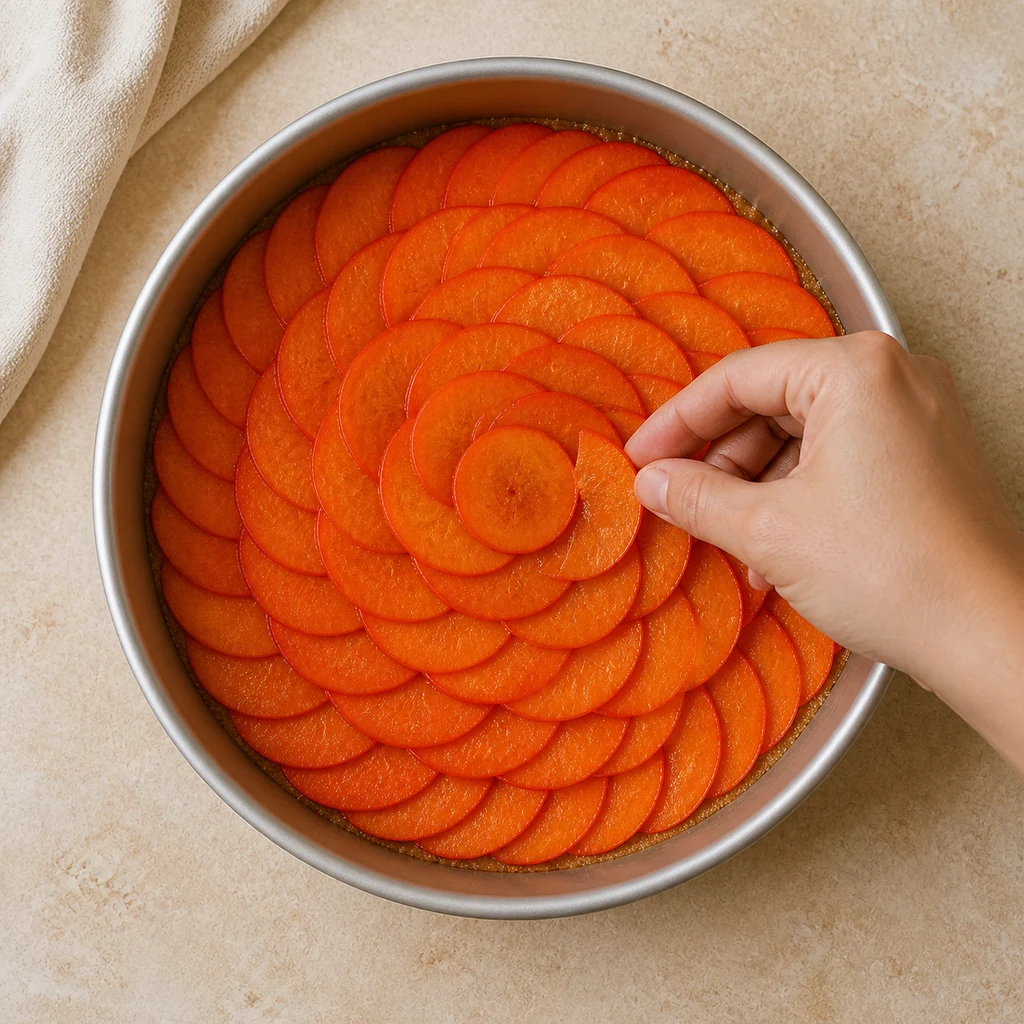 Fuyu persimmon slices arranged in a 9-inch round pan