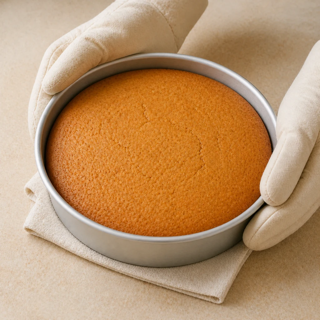 Golden baked cardamom cake cooling in its metal pan