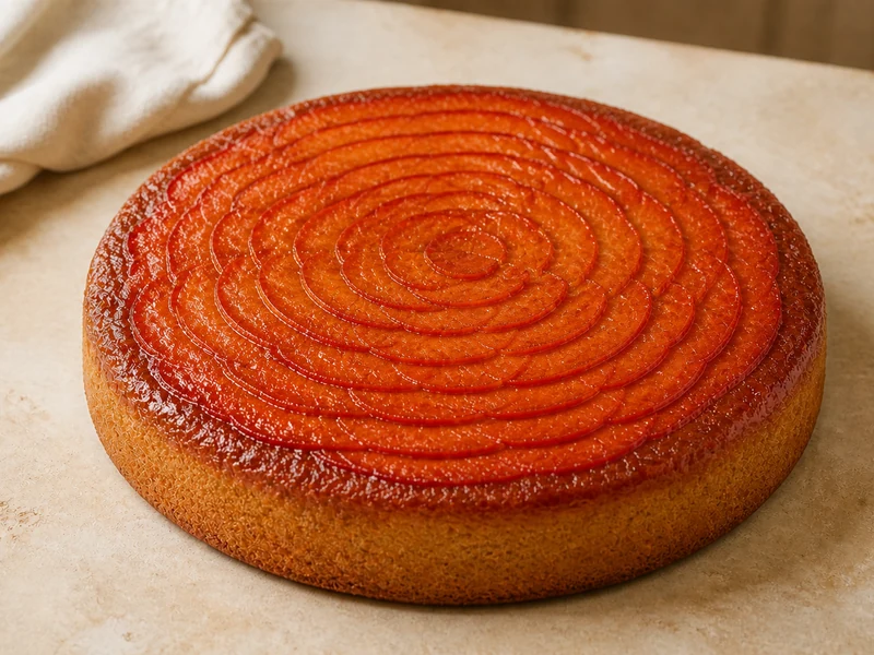 Cardamom persimmon upside-down cake with a glossy fruit mosaic