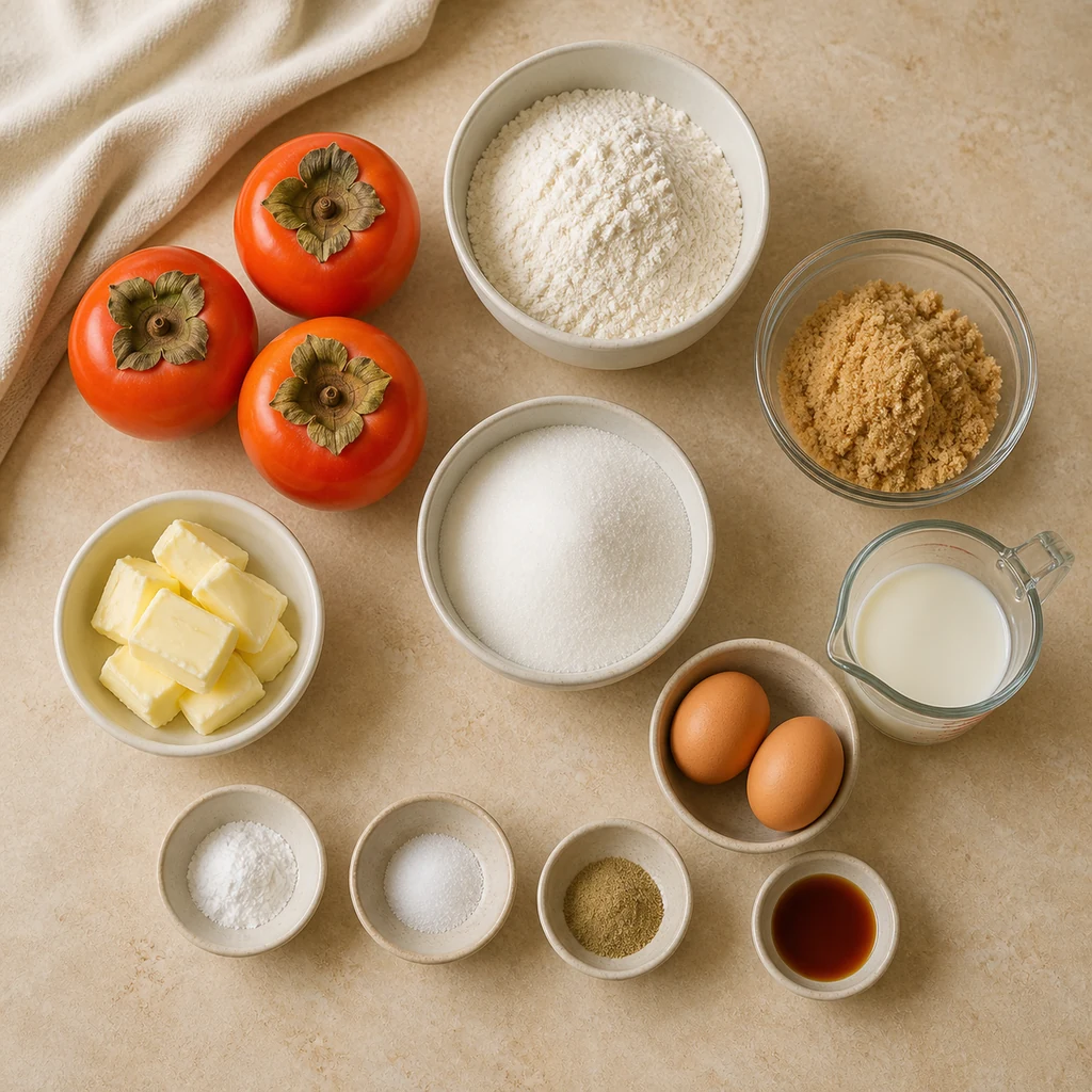 Measured ingredients for cardamom persimmon upside-down cake