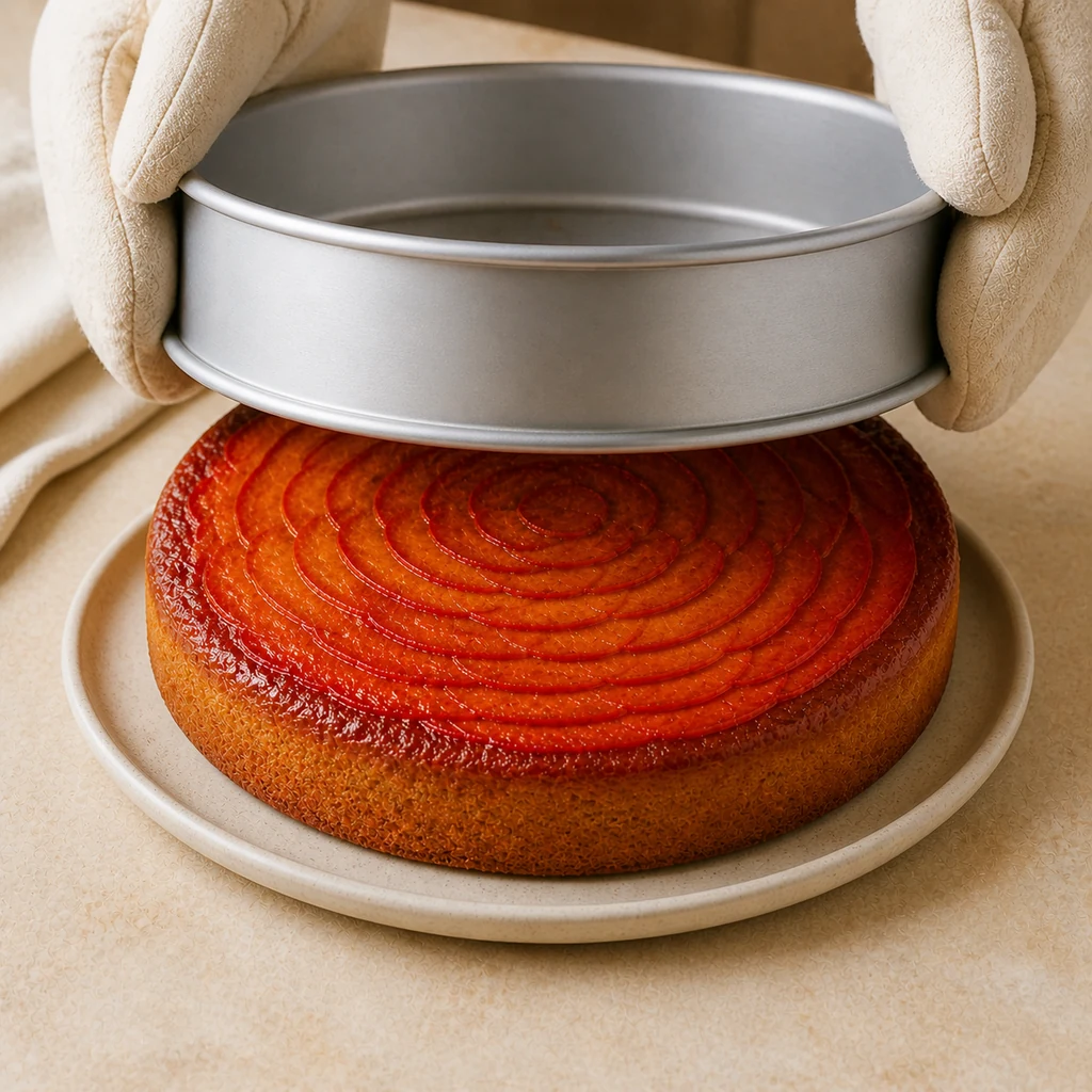Persimmon upside-down cake revealed as the pan is lifted