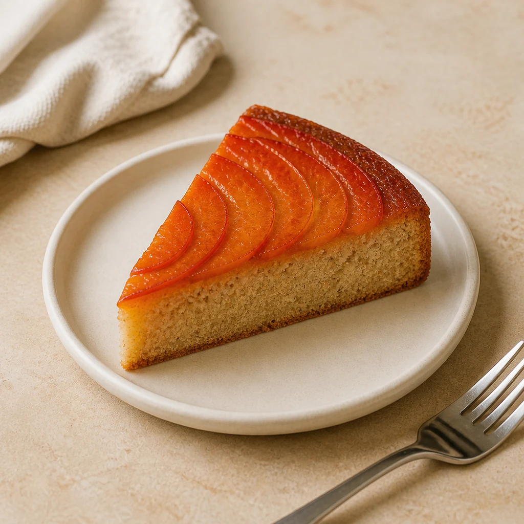 Single slice showing tender cardamom crumb and caramelized persimmon