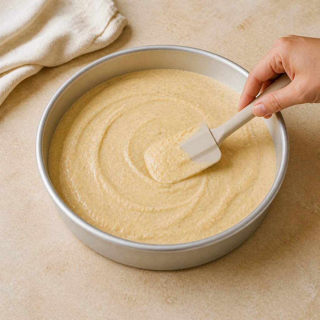 Cardamom cake batter spread evenly in the round pan